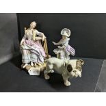 Ceramic bulldog ornament, two continental figural ornaments with crossed swords mark to bases,