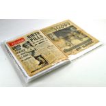 A compilation of preserved newspapers featuring significant events, Churchill, Coronation, Diana,