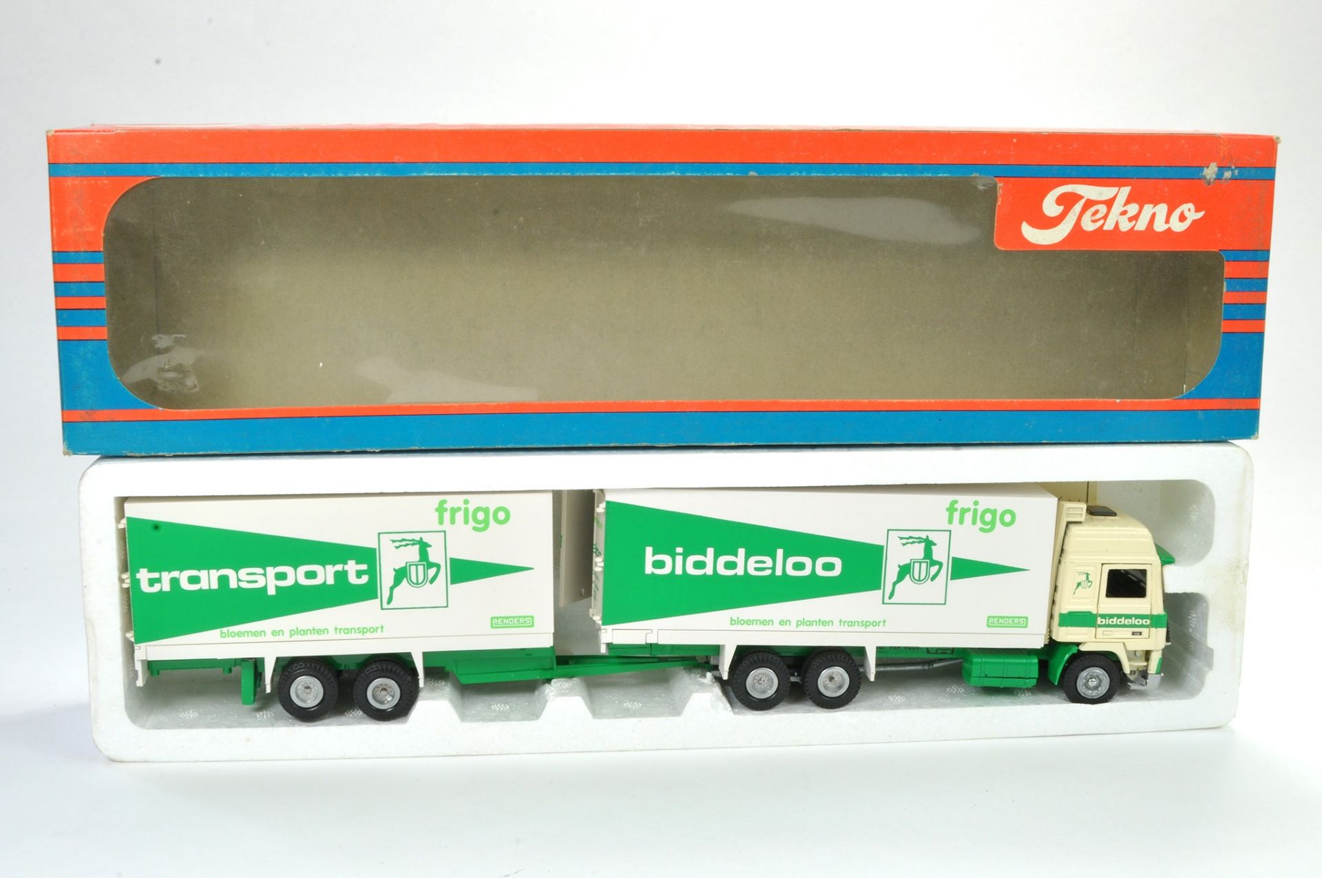 Tekno 1/50 Model Truck issue comprising Volvo drawbar trailer in the livery of Biddeloo. Appears