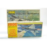 Duo of plastic model aircraft kits comprising FROG 1/72 Convair Delta Dagger and Whitley MKV.II.