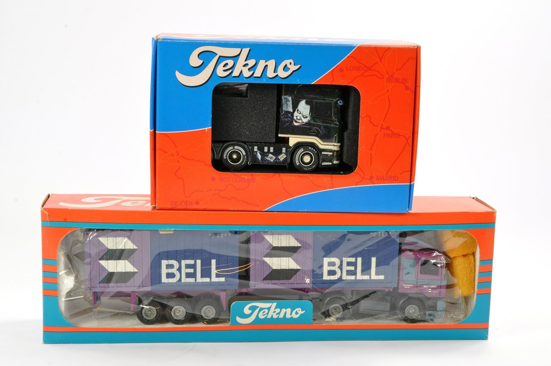 Tekno Diecast Model Truck duo comprising Scania in livery of OK Trans, Joker, some display wear, but