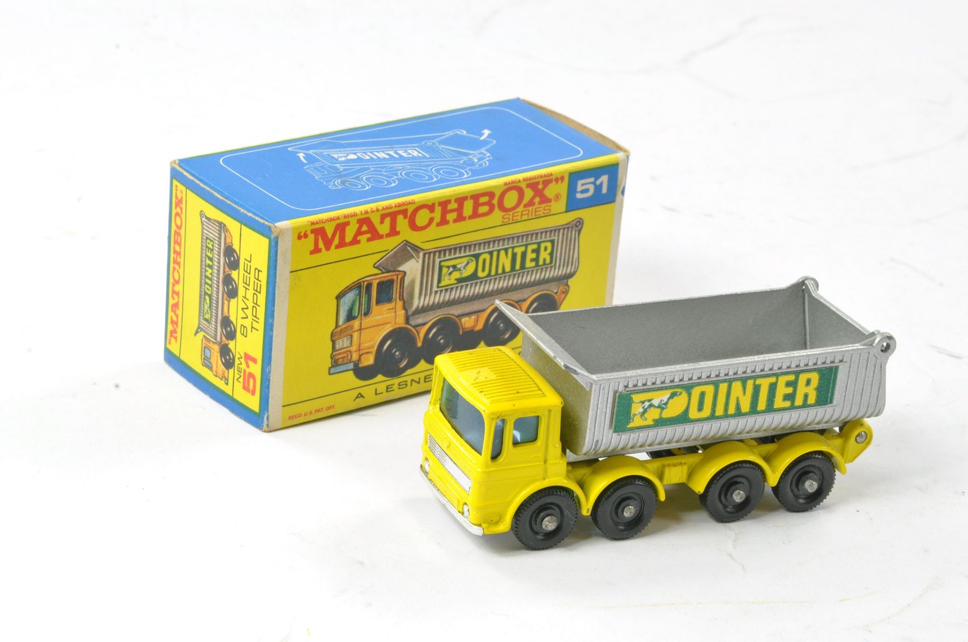 Matchbox Regular Wheels No. 51c AEC Tipper Truck Pointer. Yellow / Silver, blue windows and chrome