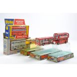 Dinky No. 291 Atlantean City Bus in Orange, No. 297 Silver Jubilee Bus, No. 293 Swiss PTT Bus, No.