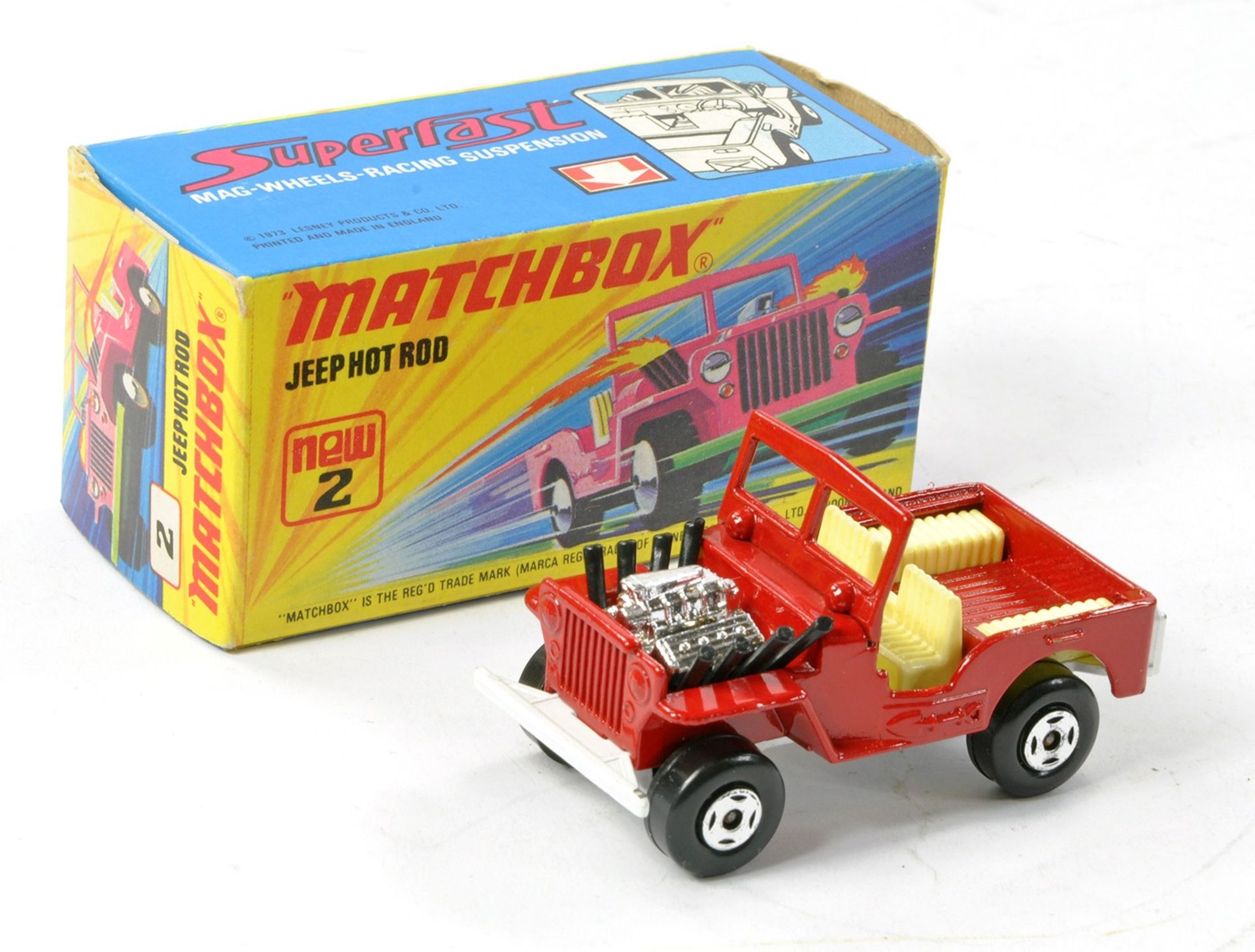 Matchbox Superfast No. 2b Jeep Hot Rod. Red with white base and interior. Excellent, no obvious sign