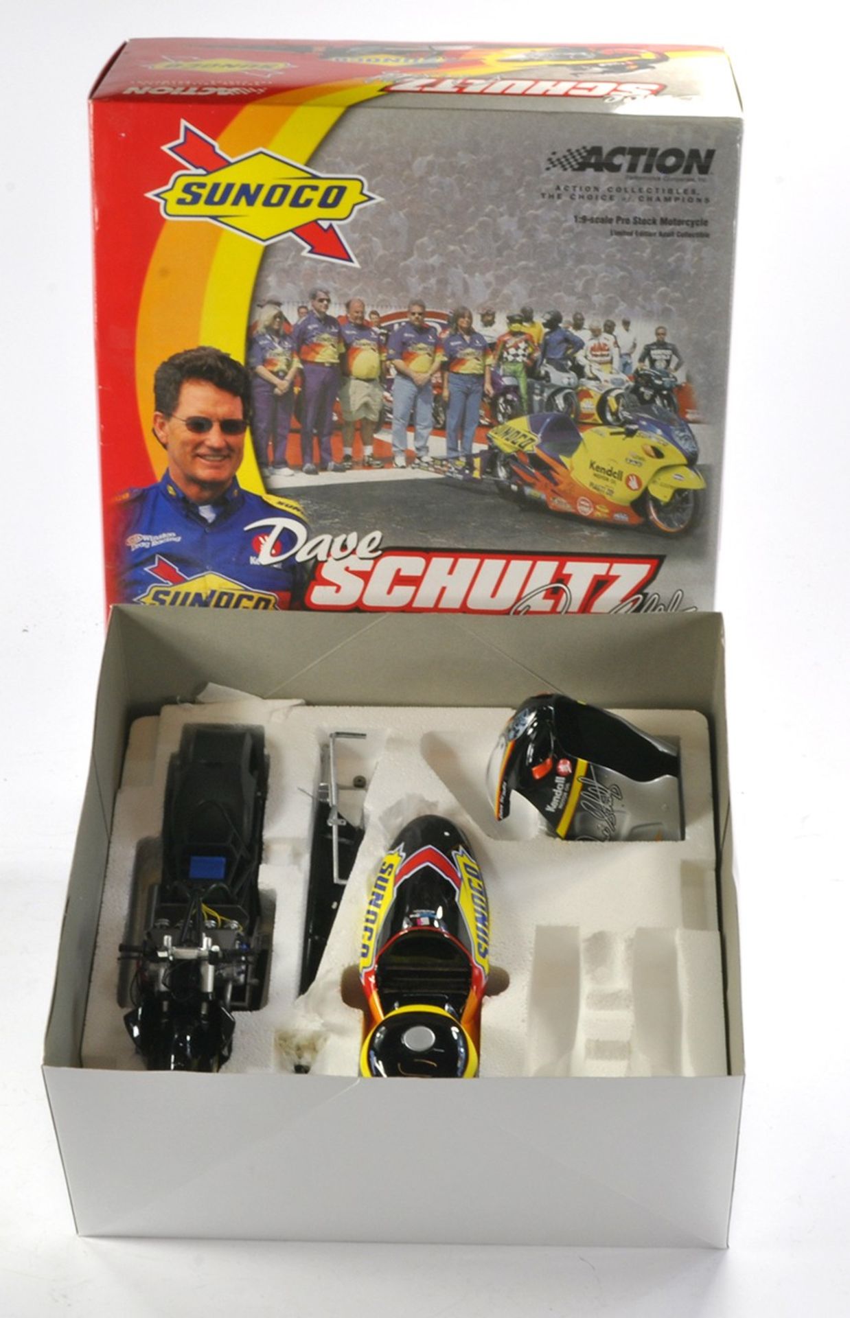 Action Collectibles 1/9 Pro Stock Motorcycle comprising Dave Schultz Sunoco Team. Looks to be