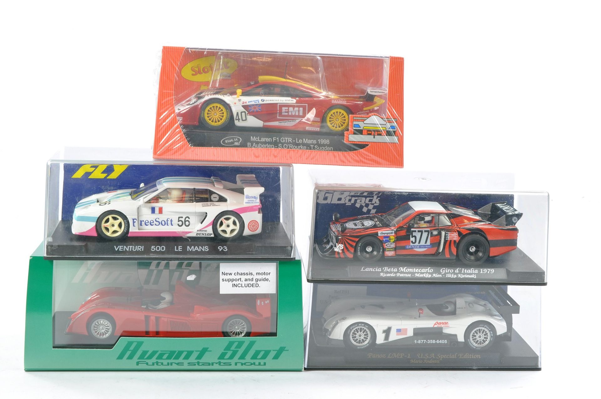 Slot Car Fly 1/32 issues comprising No. GB38L Lancia Beta Montecarlo, No. E91 Panoz LMP-1 US Special