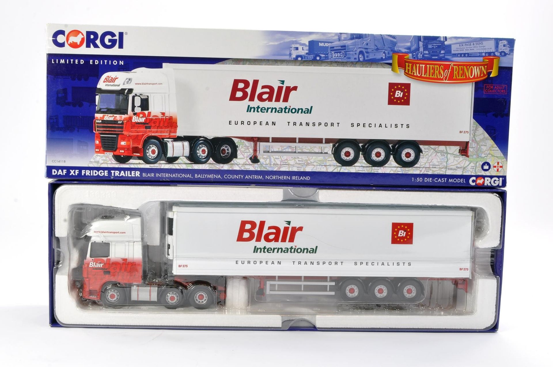 Corgi Diecast Model Truck issue comprising No. CC14118 DAF XF Fridge Trailer in livery of Blair.