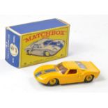 Matchbox Regular Wheels No. 41c Ford GT40. Yellow body with racing number 6 decal, maroon