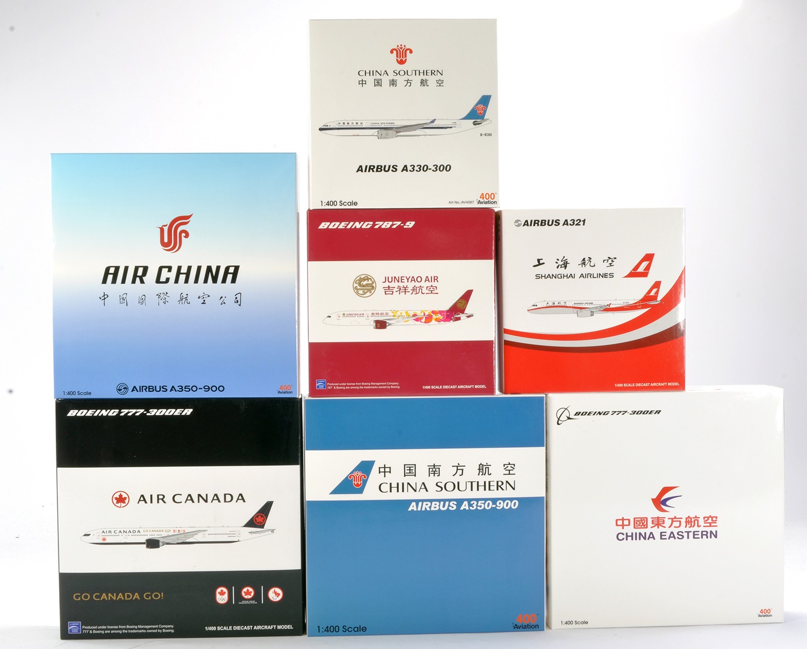 Model Aircraft comprising Seven 1/400 boxed commercial airliners in various liveries. All look to be