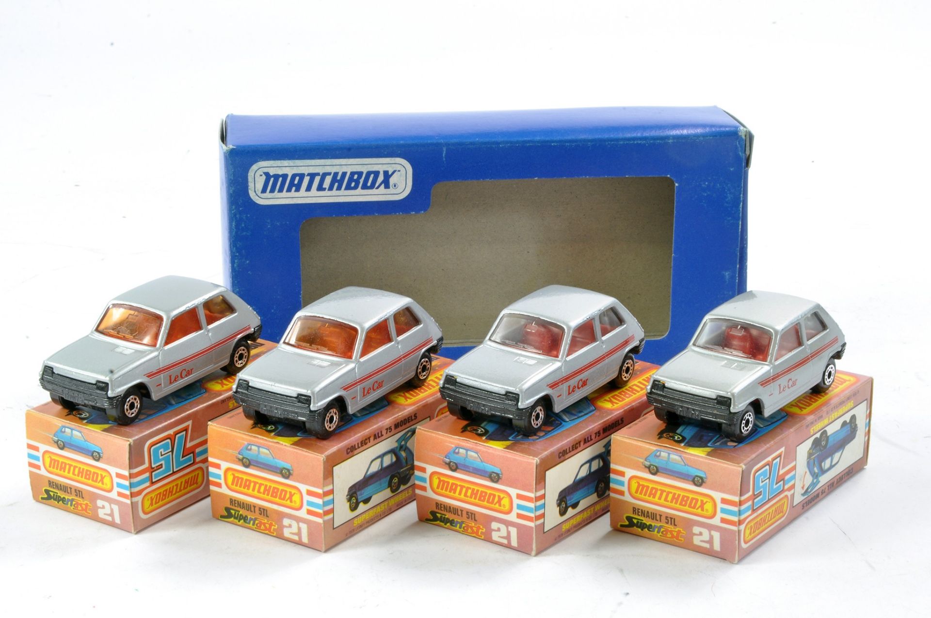 Matchbox Superfast Gift Pack comprising 4 x No. 21c Renault 5TL. All in Silver with red interior and