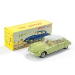 French Dinky No. 530 Citroen DS19. 'Avocado' green body with light grey roof, ivory interior. Very