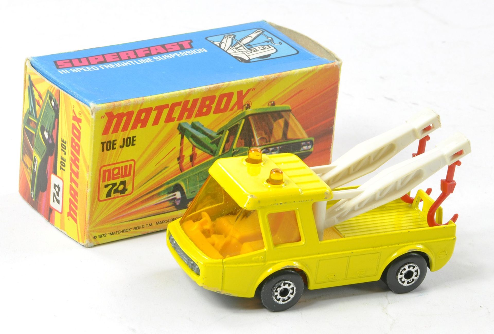 Matchbox Superfast No. 74b Toe Joe. Lemon Yellow with yellow interior, amber windows, white jib with