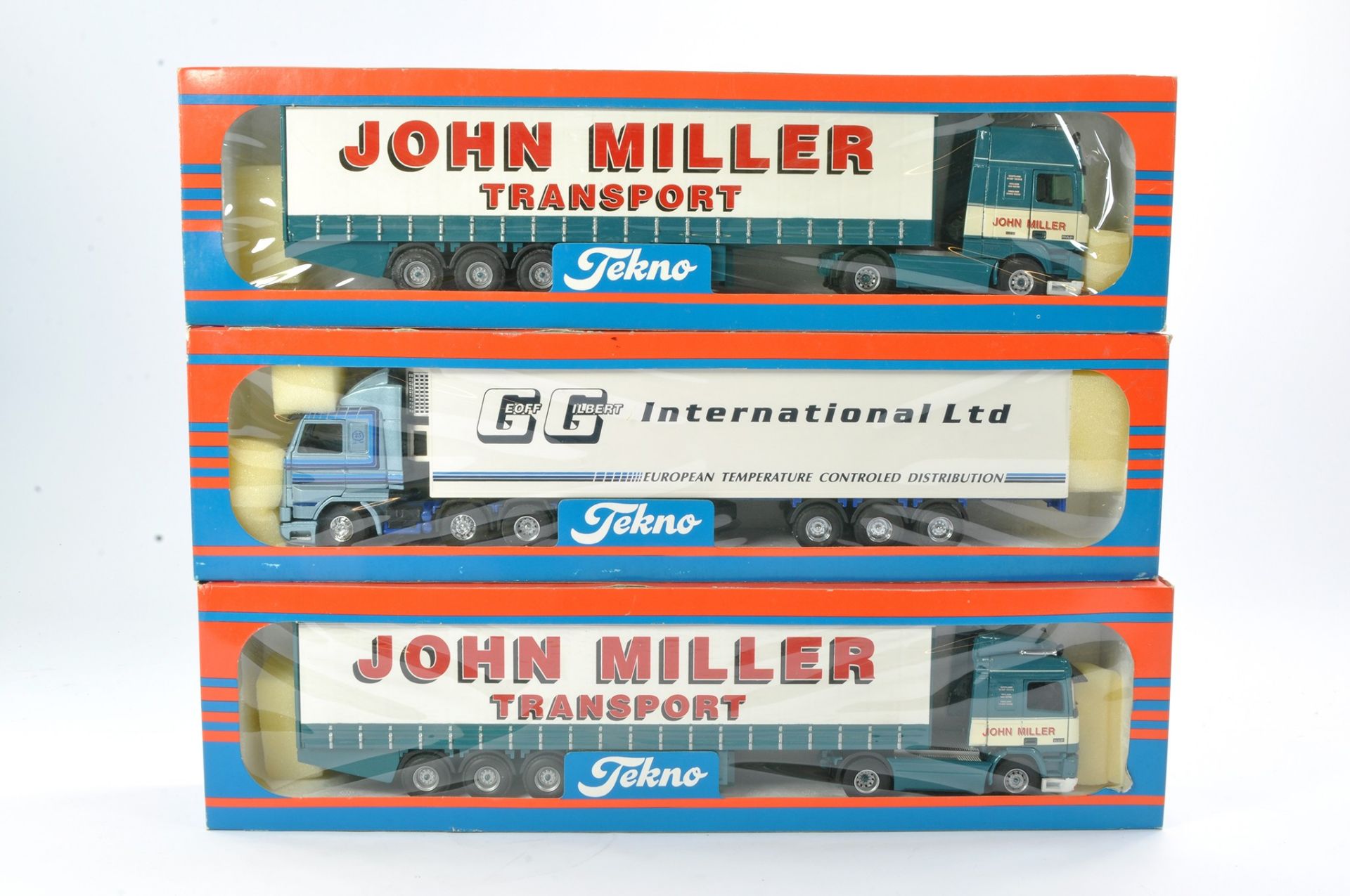 Tekno 1/50 Model Truck issues comprising 1) Leyland DAF Curtainside in the livery of John Miller, 2)