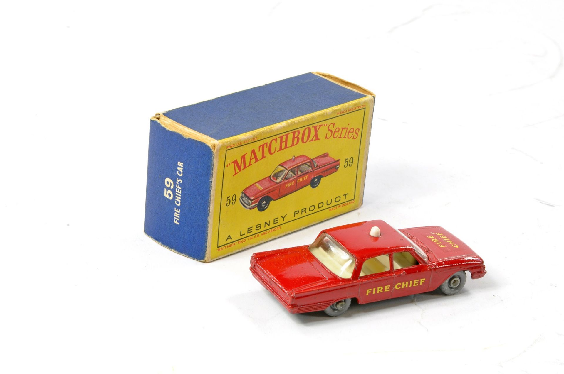 Matchbox Regular Wheels No. 59b Ford Fairlane Fire Chief Car. Red body with silver trim to front, - Image 2 of 3