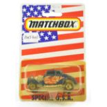 Matchbox Superfast No. 69d Willys Street Rod 'White Heat'. Blue with grey base, flame decals, chrome