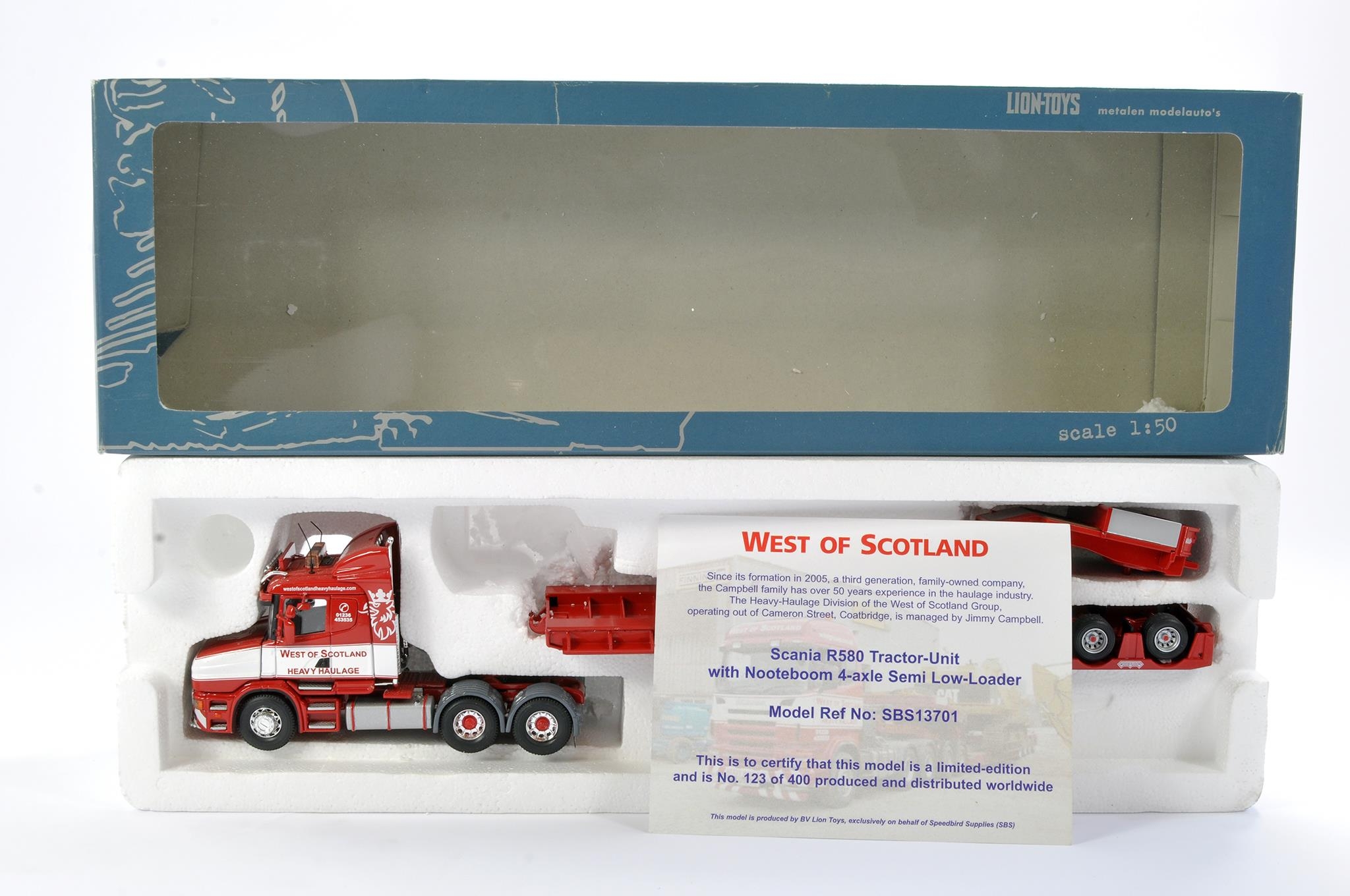 Lion Toys Diecast Model Truck issue comprising Scania R580 Nooteboom Trailer in the livery of West