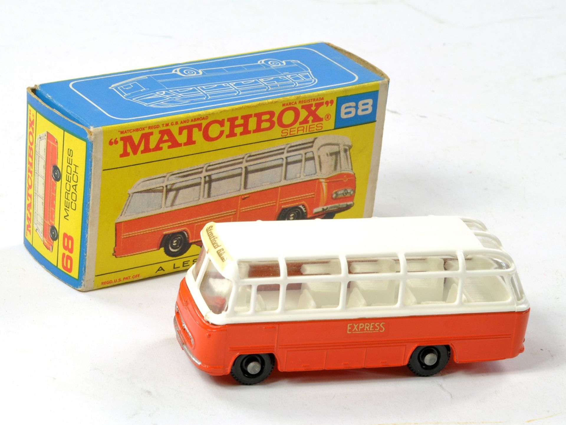 Matchbox Regular Wheels No. 68b Mercedes Coach. Orange and White with 'Stratford Blue' and 'Express'
