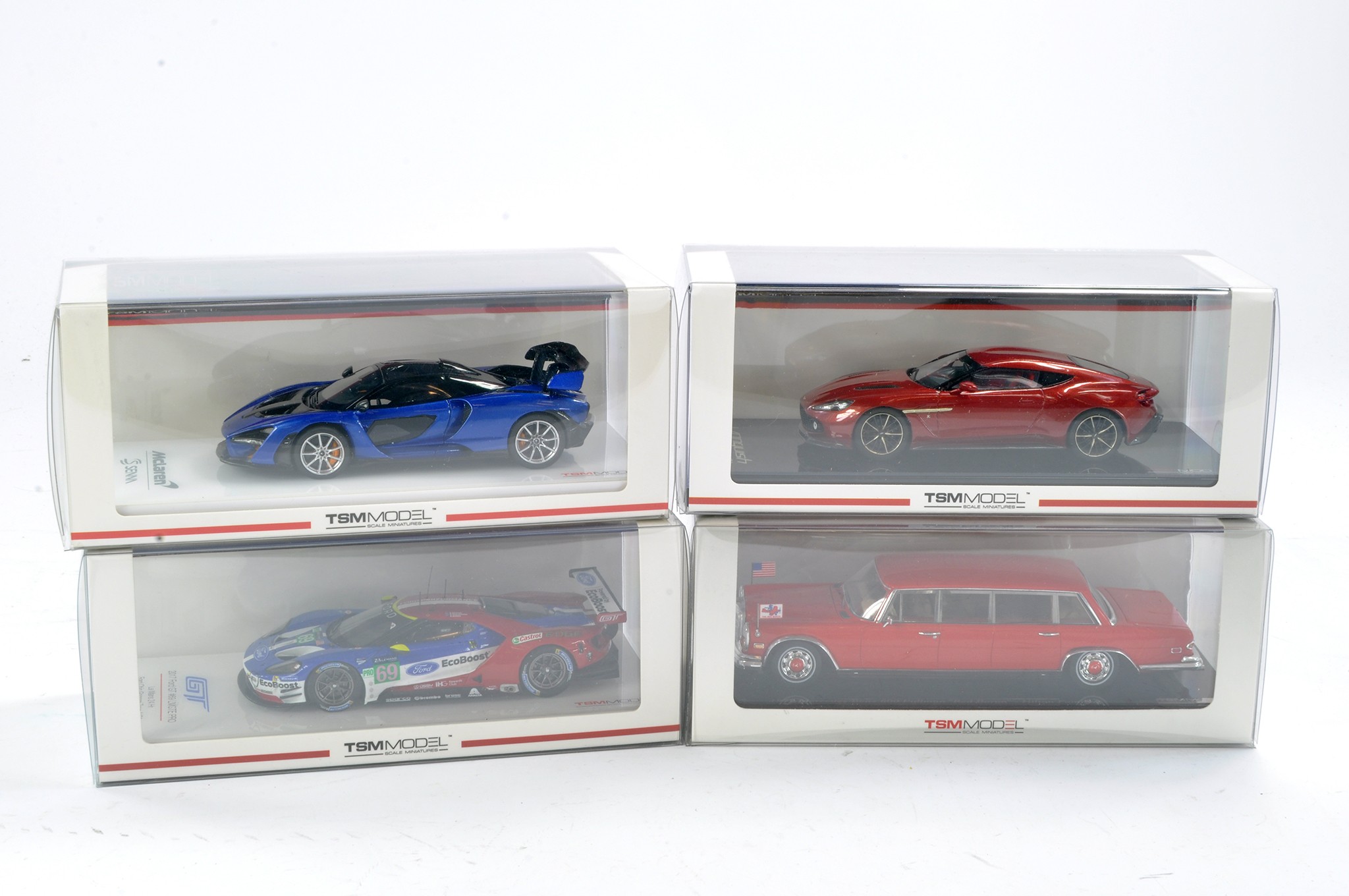 TSM Models 1/43 Scale Miniatures comprising McClaren Senna, Vanquish Zagato, 2017 Ford GT Le