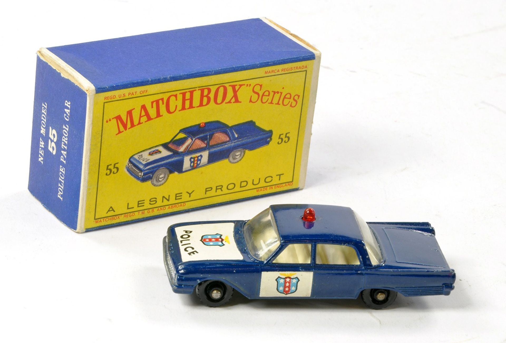 Matchbox Regular Wheels No. 55b Ford Fairlane Police Car. Dark blue body with rear silver trim,