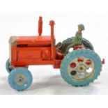 Charbens Vintage Metal Tractor with driver. Orange with light blue tyres, silver wheels and trim.