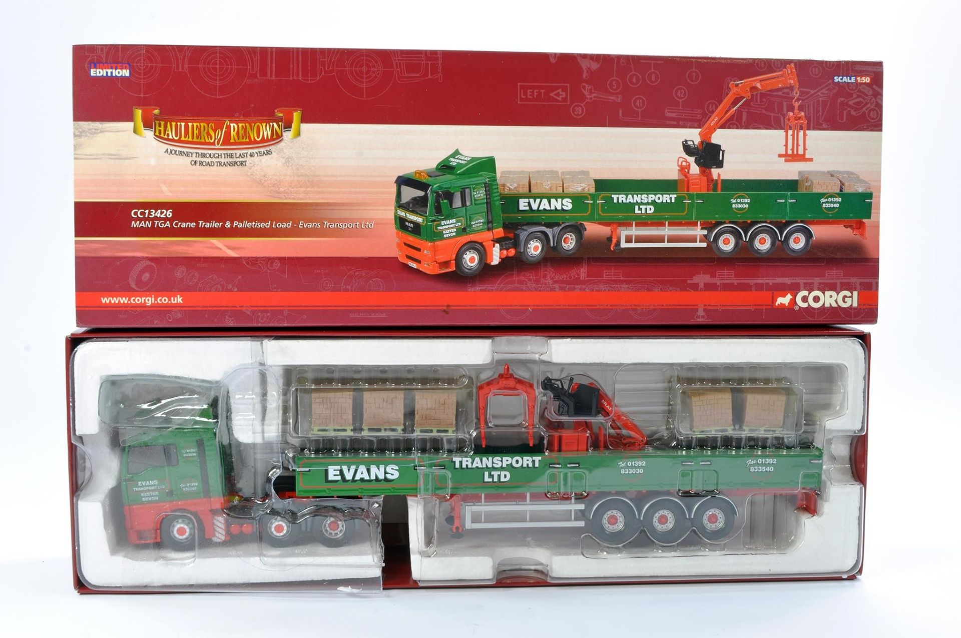 Corgi Diecast Model Truck issue comprising No. CC13426 MAN TGA Crane Trailer in livery of Evans.