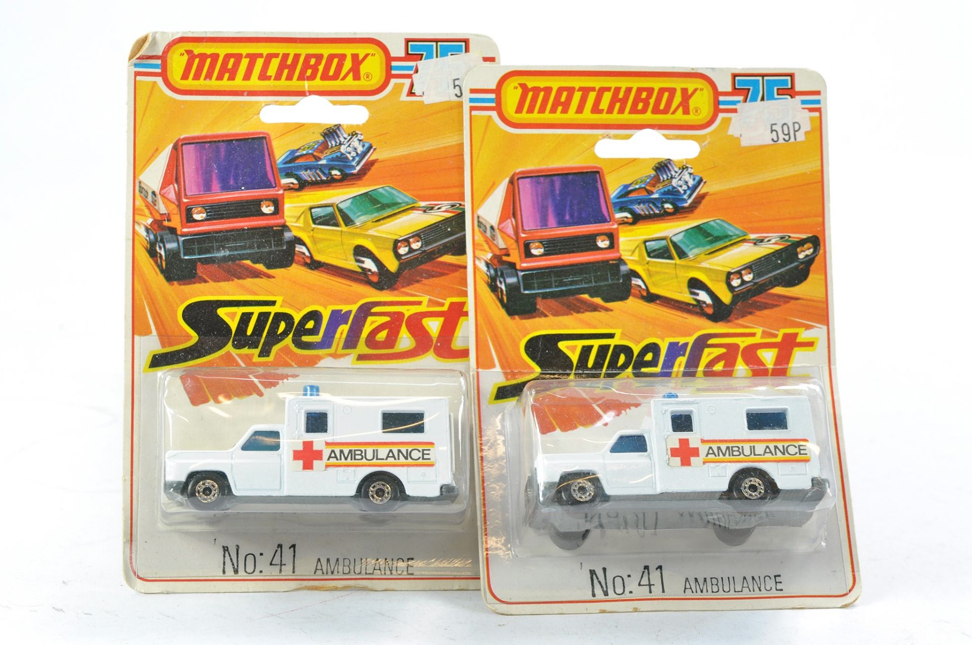 Matchbox Superfast duo of 41c Ambulance. Excellent on unopened blisters. Cards creased.
