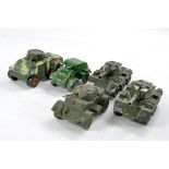 Assortment of worn military vehicles from various makers including Wooden Staghound Armoured