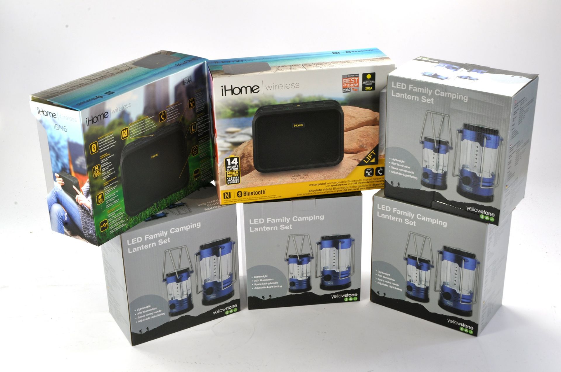 Ihome Wireless Speaker System x 2, plus Camping Lanterns x 4. All look to be unused.