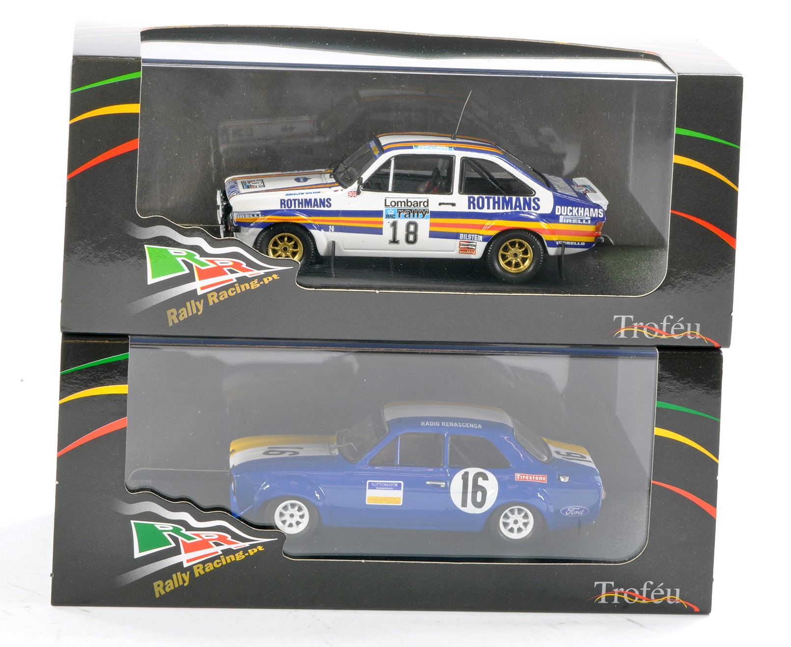 Trofeu 1/43 scale duo of Ford Escort MK1 and MK2 issues, both limited to 150 pcs only. Not removed