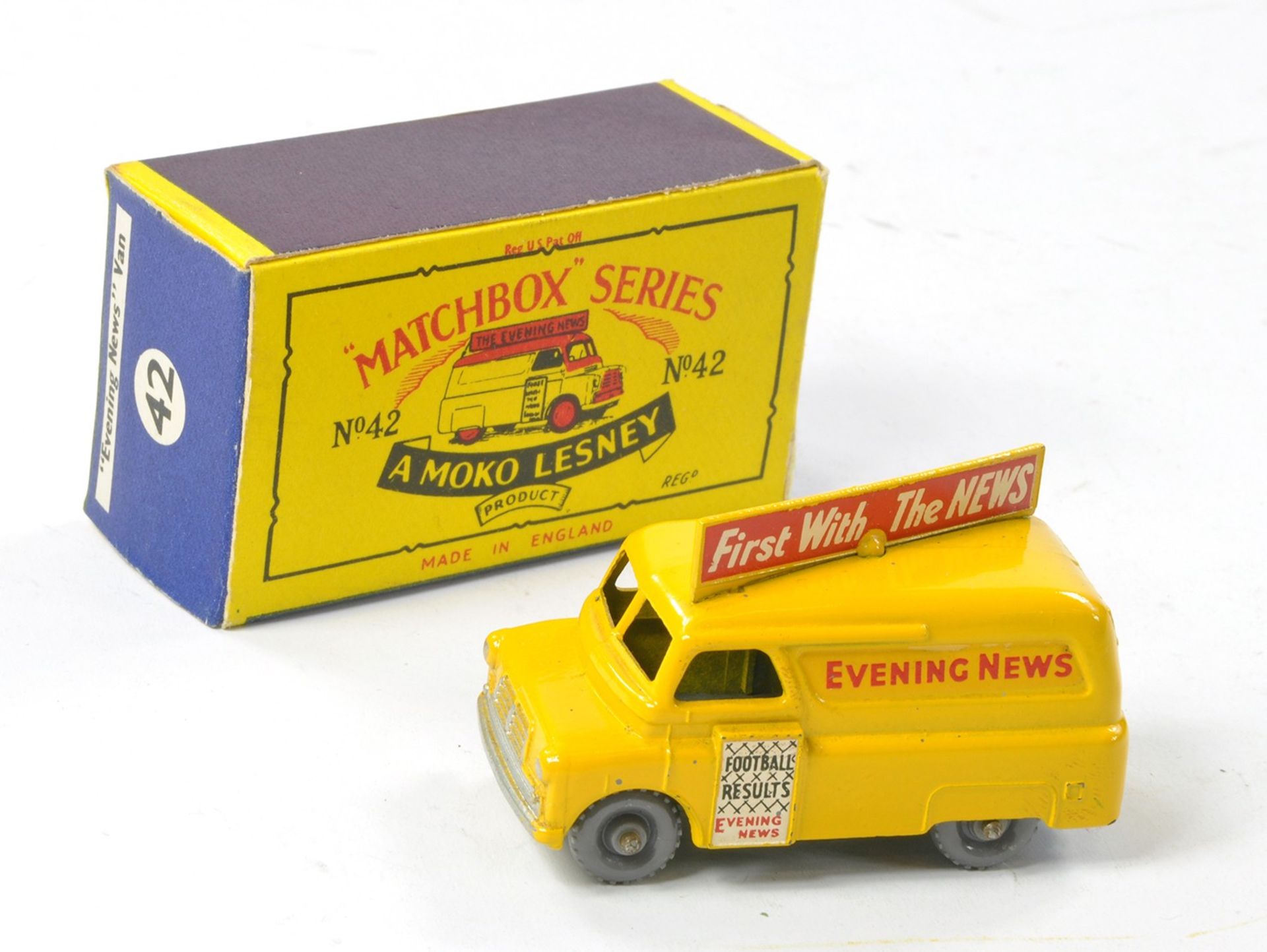 Matchbox Regular Wheels No. 42a Bedford Evening News Van. Yellow with grey plastic wheels. Excellent