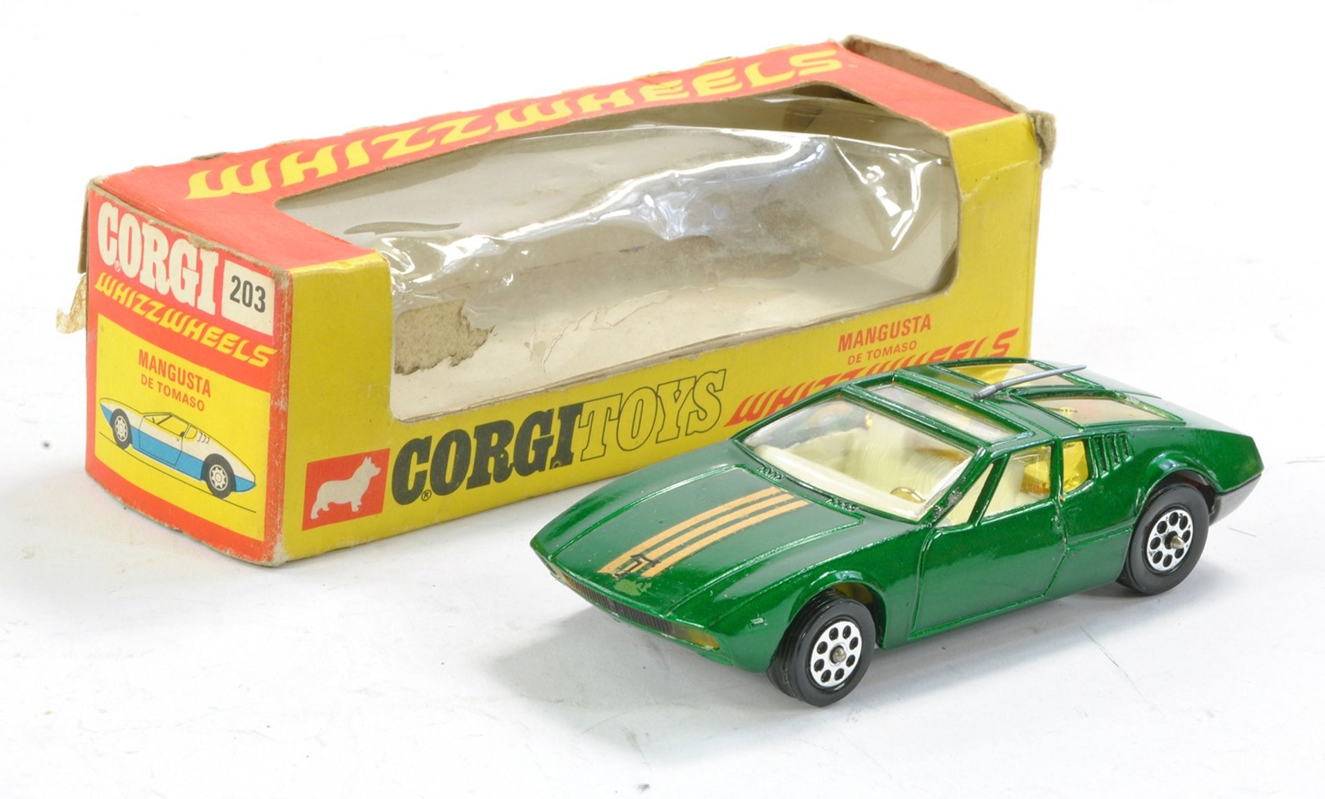 Corgi No. 203 Mangusta. Green, Gold, ivory interior. Excellent in fair box.