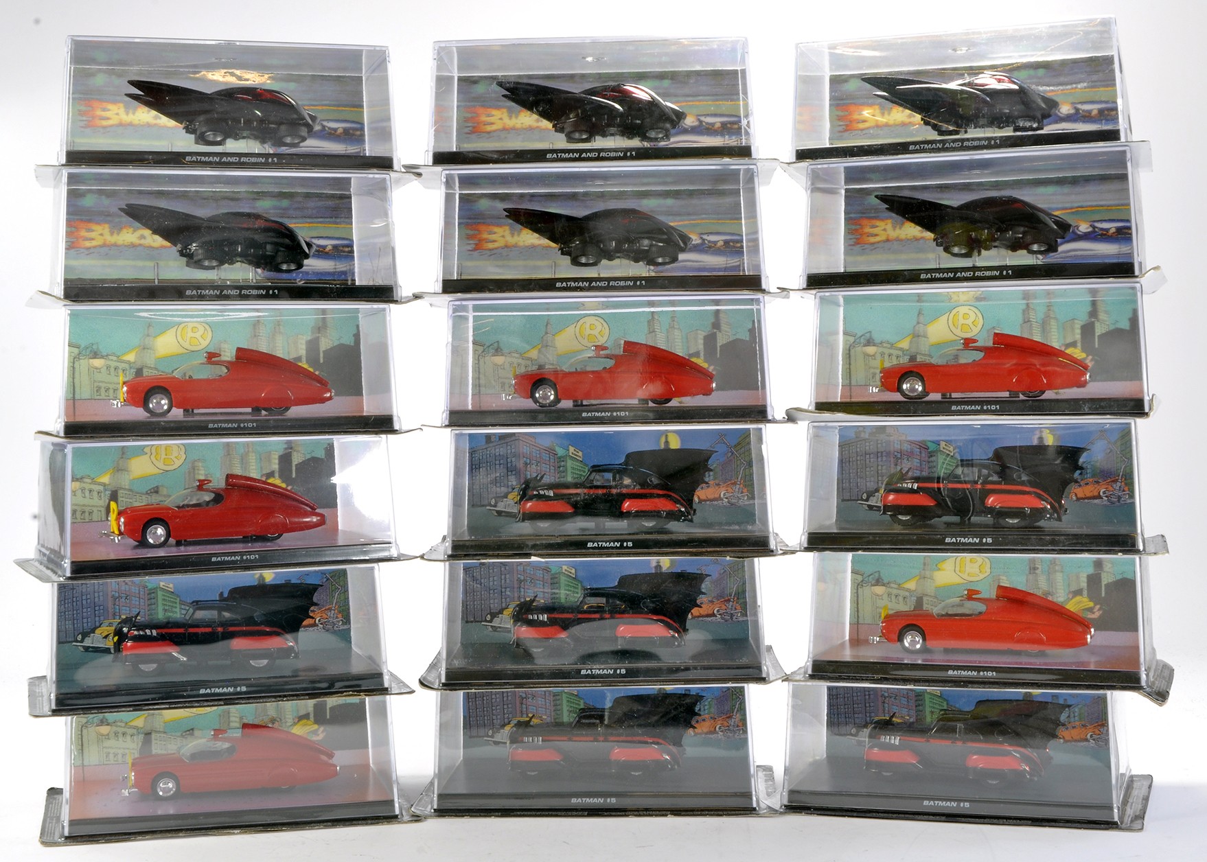 Eighteen boxed Eaglemoss 1/43 Diecast Batman issues. Look to be excellent without fault.