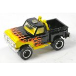 Matchbox Superfast No. 53d Flareside Pickup. Black with Yellow - Orange Flames. Yellow Interior,