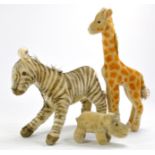 Reindeer (South Africa) Vintage Zebra with label, approx. 34 cm plus Steiff Giraffe, approx. 36cm,