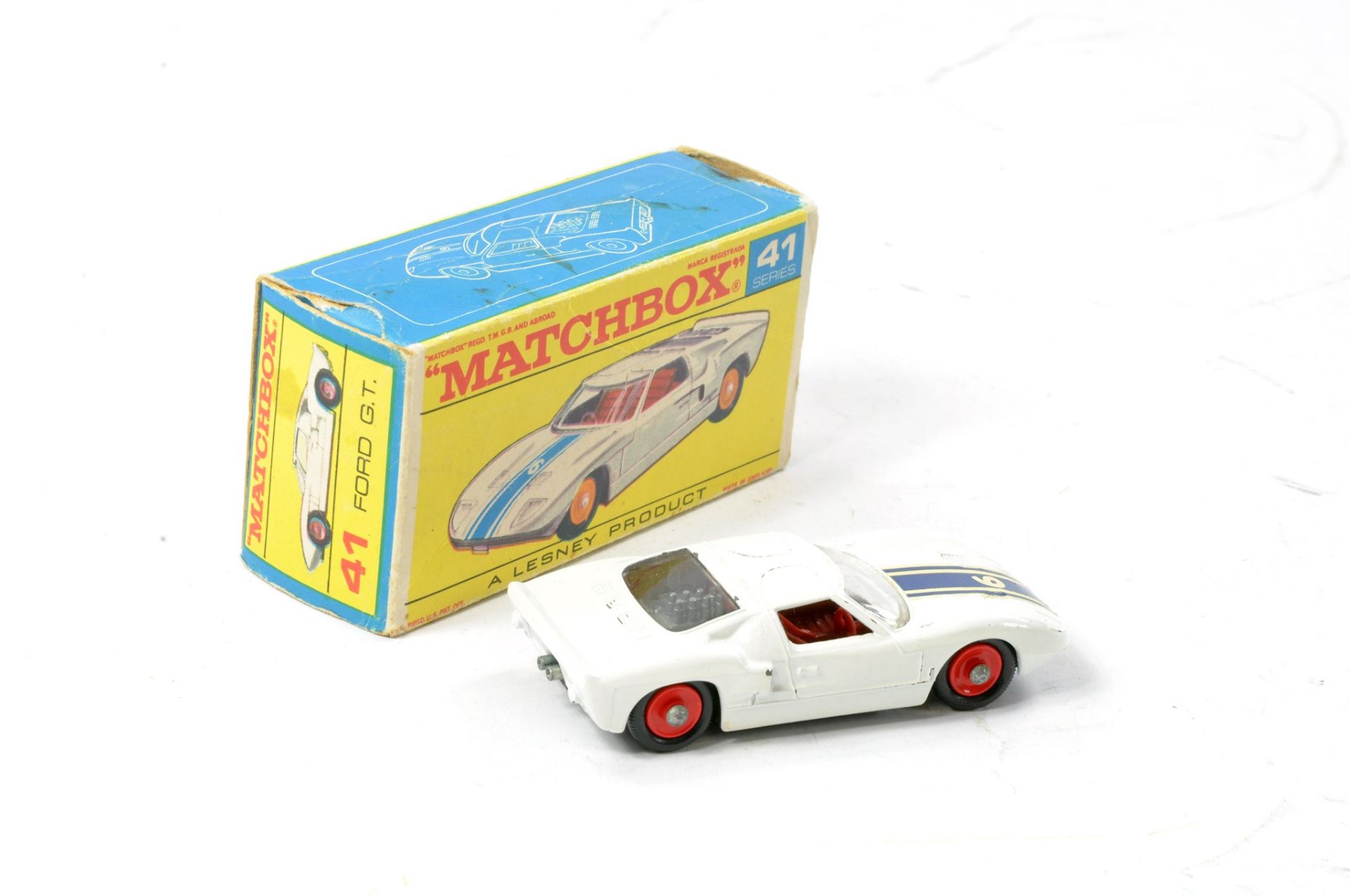 Matchbox Regular Wheels No. 41c Ford GT40. White body with racing number 6 decal, maroon interior, - Image 2 of 2
