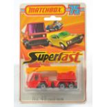 Matchbox Superfast No. 49c Crane Truck. Red body, black base, dark yellow jib and clear windows.