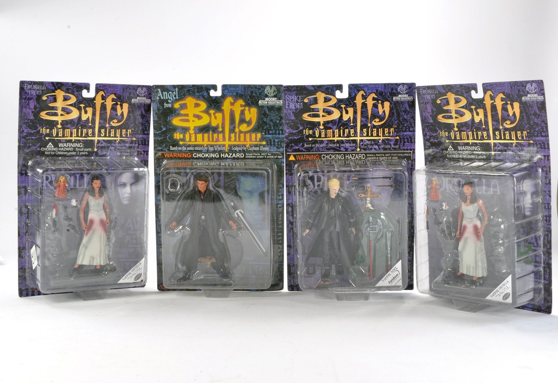 Moore Action Collectibles Buffy the Vampire Carded Figures comprising Drusilla x 2, Spike and Angel.