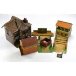Assorted Hornby O Gauge tin plate items plus bespoke wooden and cardboard Pub 'The Swan'.