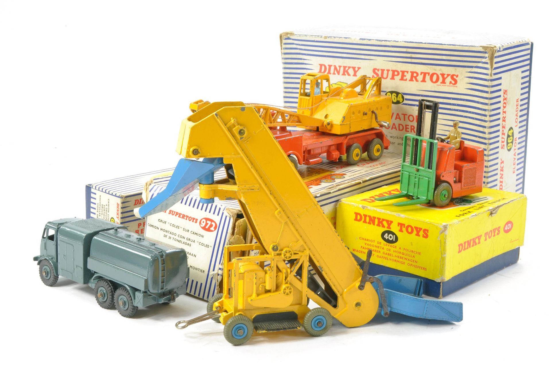 Dinky Group of Boxed issues including Forklift, Coles Crane, Elevator and Pressure Refueller. Most