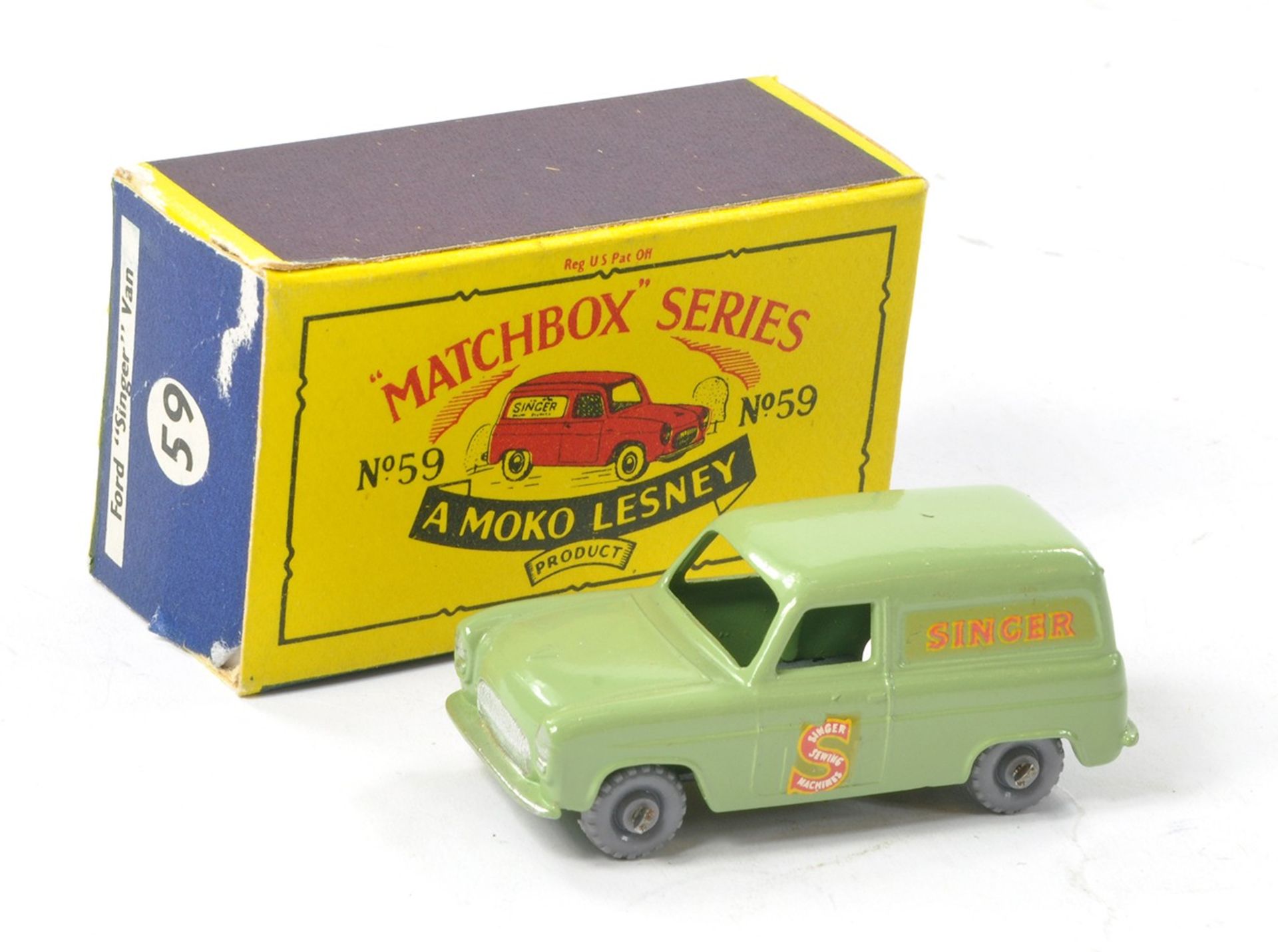Matchbox Regular Wheels No. 59a Ford Thames Singer Van. Avocado green with silver trim and grey