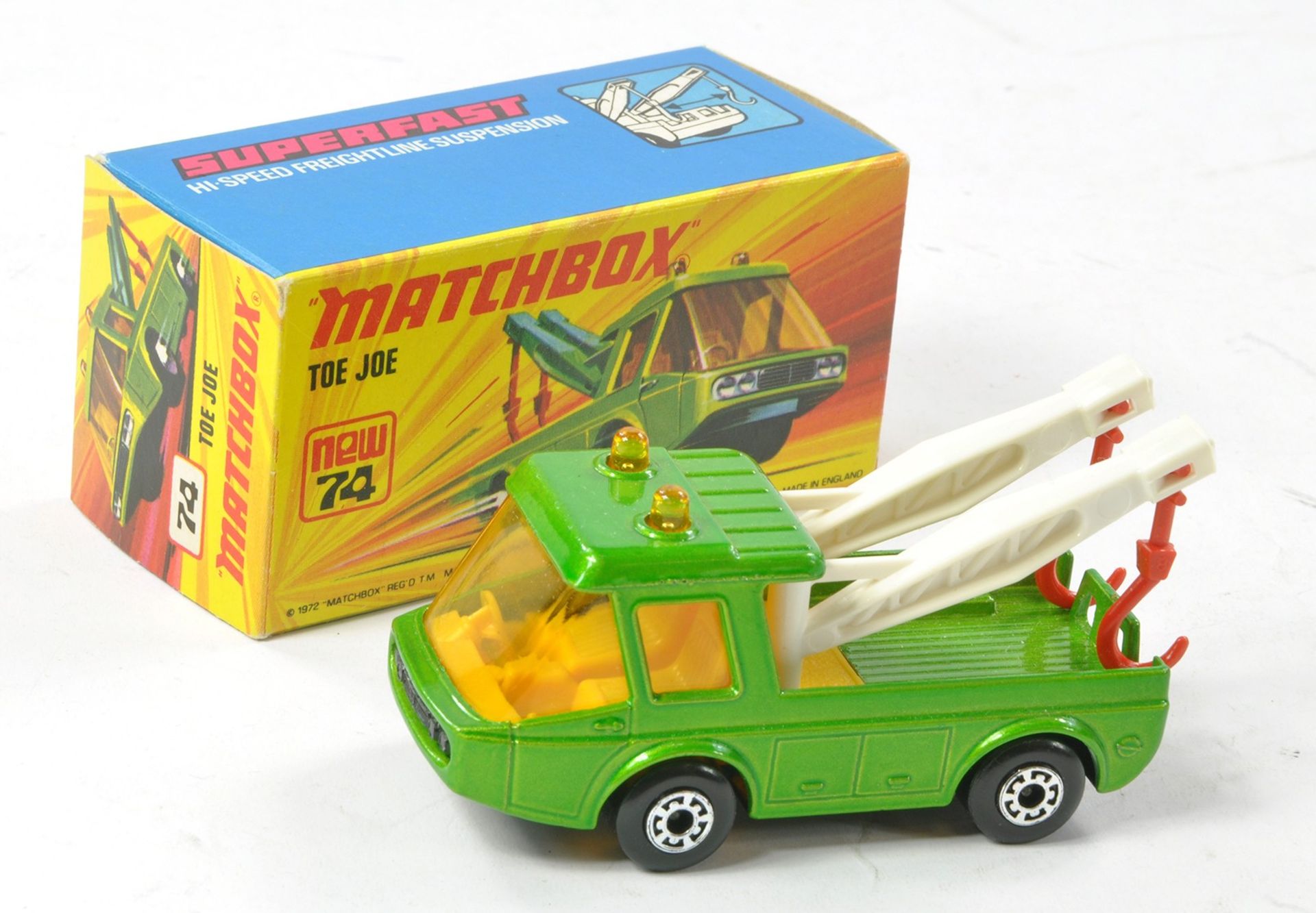 Matchbox Superfast No. 74b Toe Joe. Metallic Darker Green with yellow interior, amber windows, white