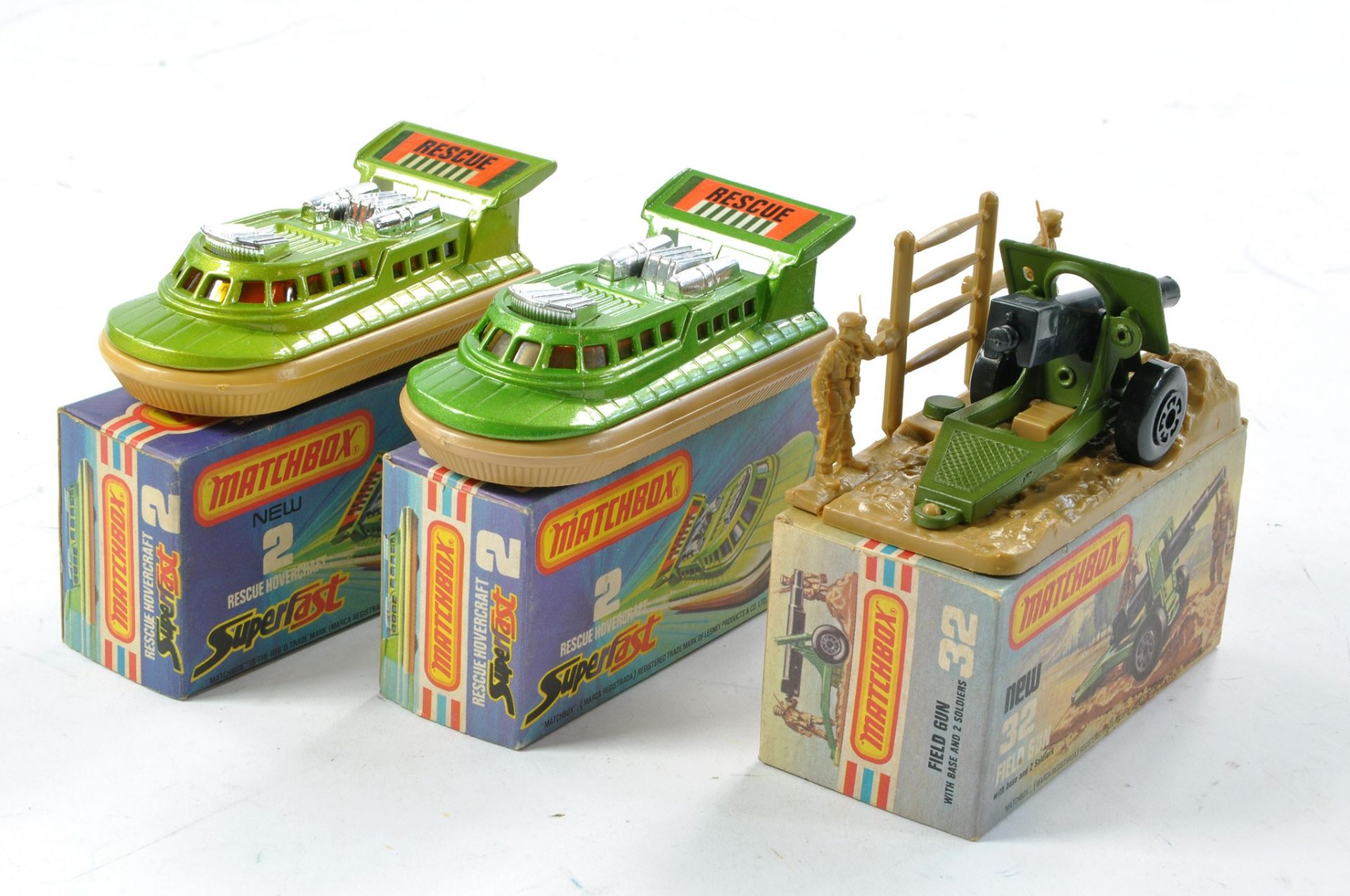 Matchbox Superfast No. 2c Rescue Hovercraft x 2. Metallic lime green, tan base with rescue decal and