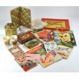 Assorted vintage bygones comprising royal interest trio including tin, Patchquick tin, Pin the