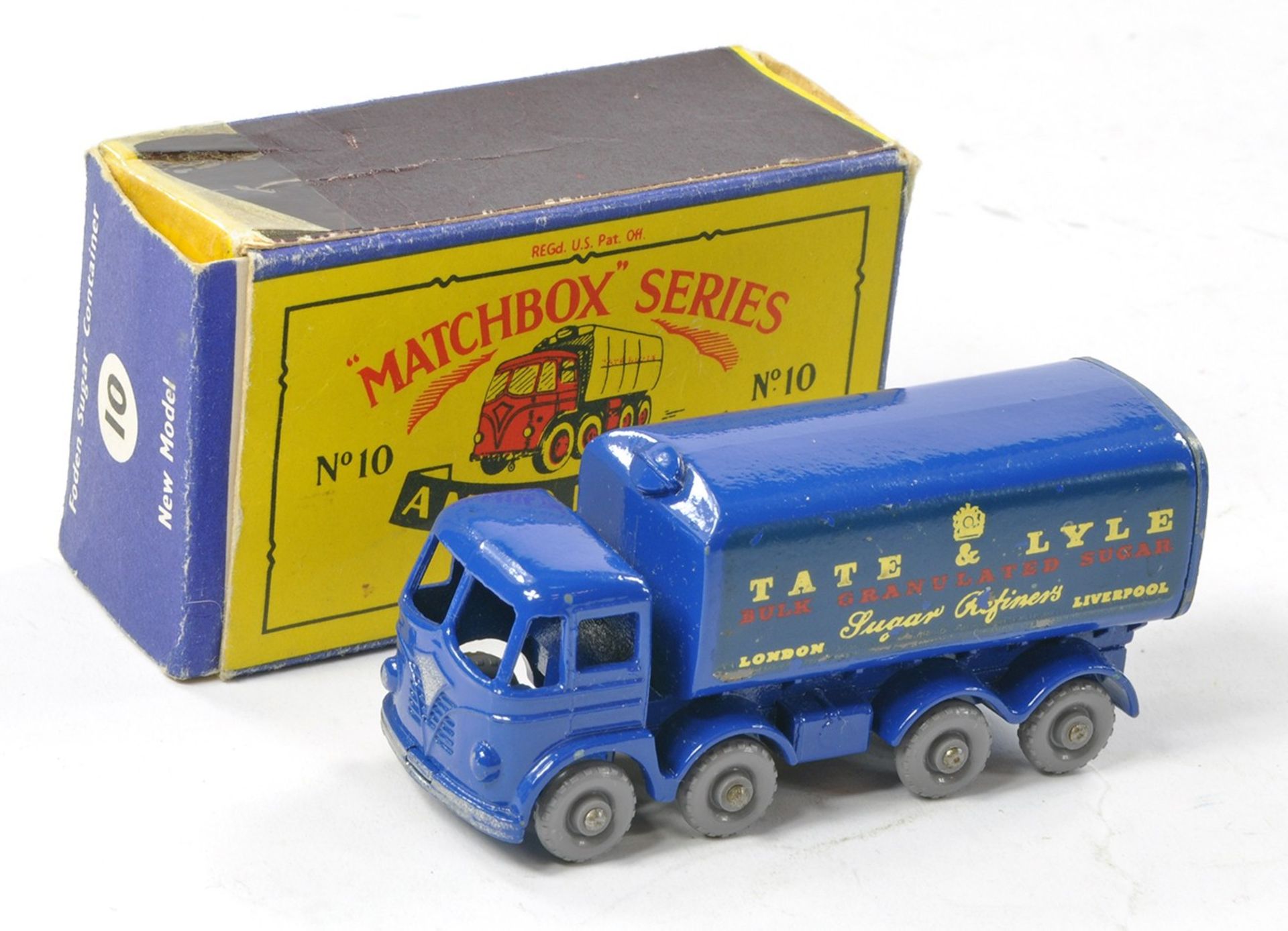 Matchbox Regular Wheels No. 10c Foden Sugar Tanker - Tate and Lyle. Blue with grey plastic wheels,