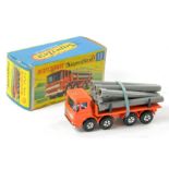 Matchbox Superfast No. 10a Pipe Truck. Orange with chrome base, black clips, narrow hollow wheels.