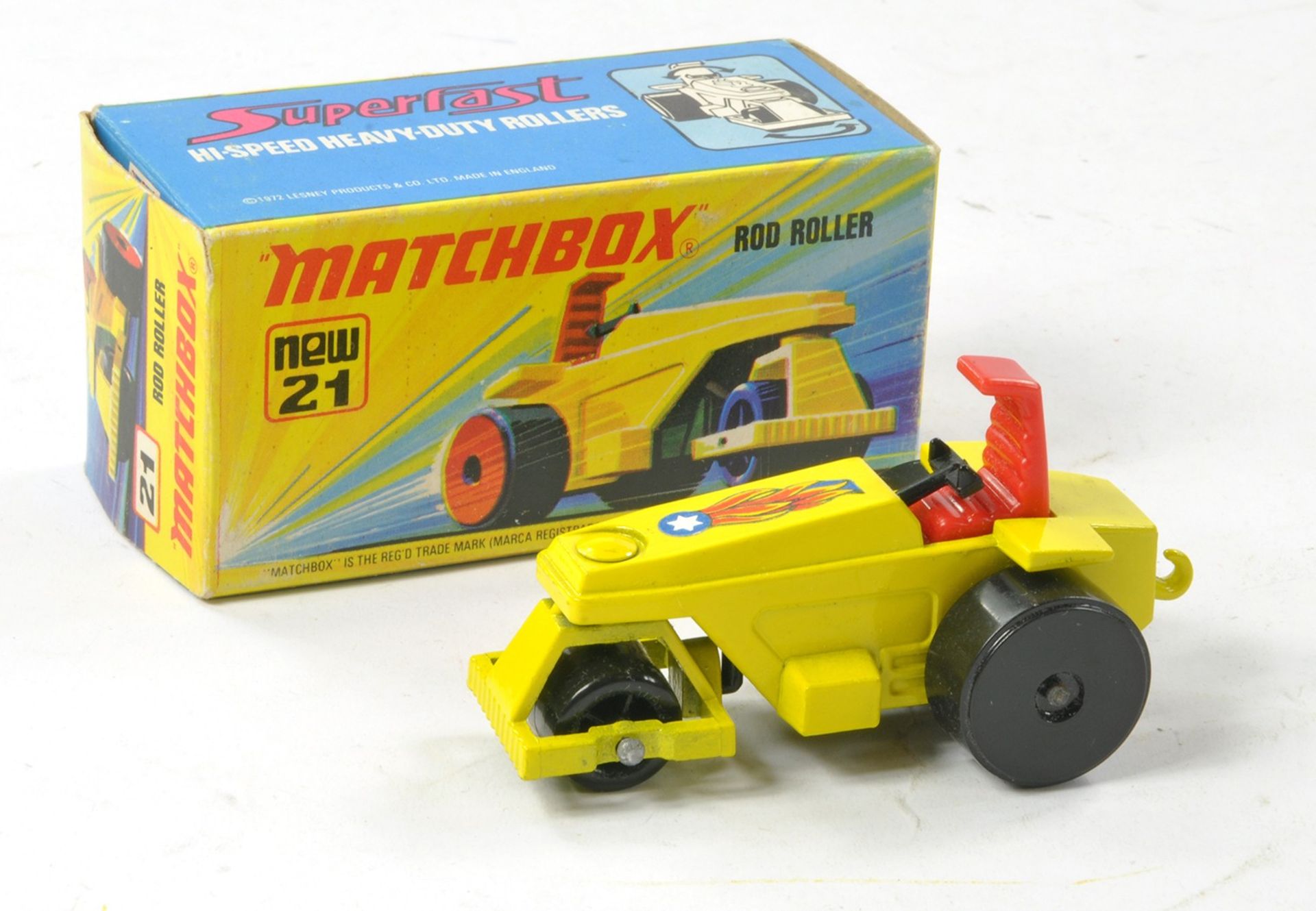 Matchbox Superfast No. 21b Rod Roller. Lemon yellow body with flame label, red seat, harder to
