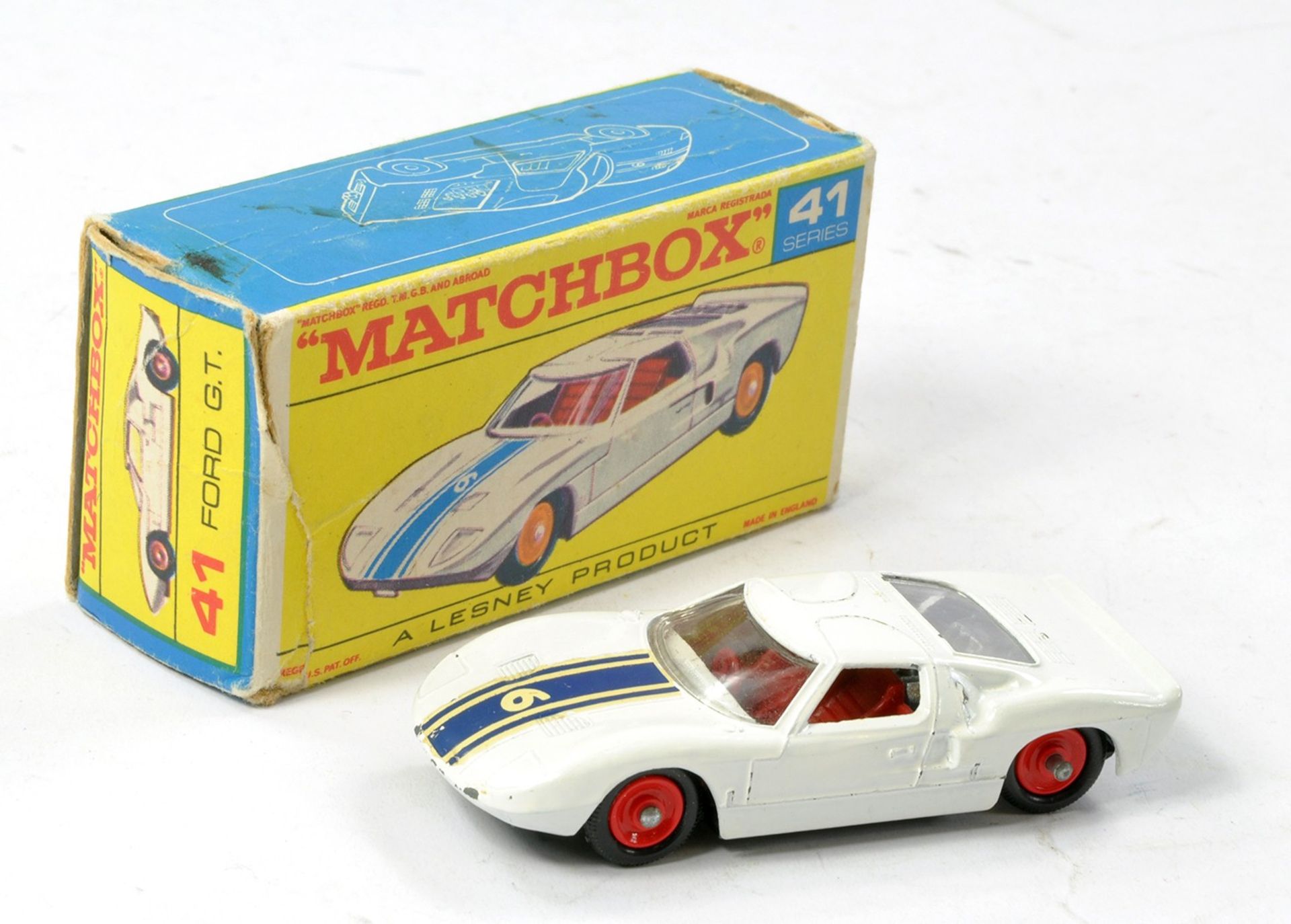 Matchbox Regular Wheels No. 41c Ford GT40. White body with racing number 6 decal, maroon interior,