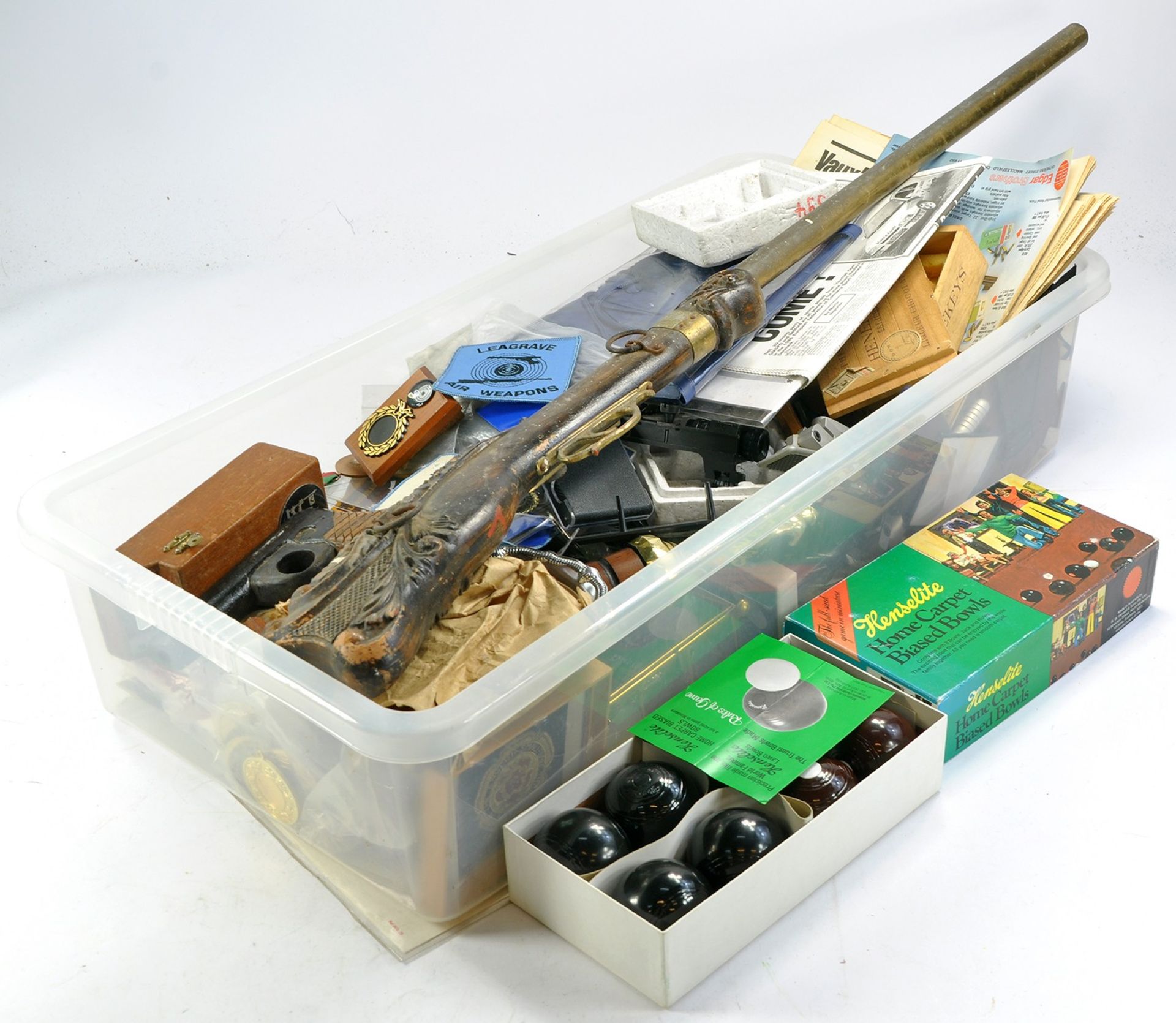 A very large collection of shooting awards / trophies / medals plus assorted rifle components,
