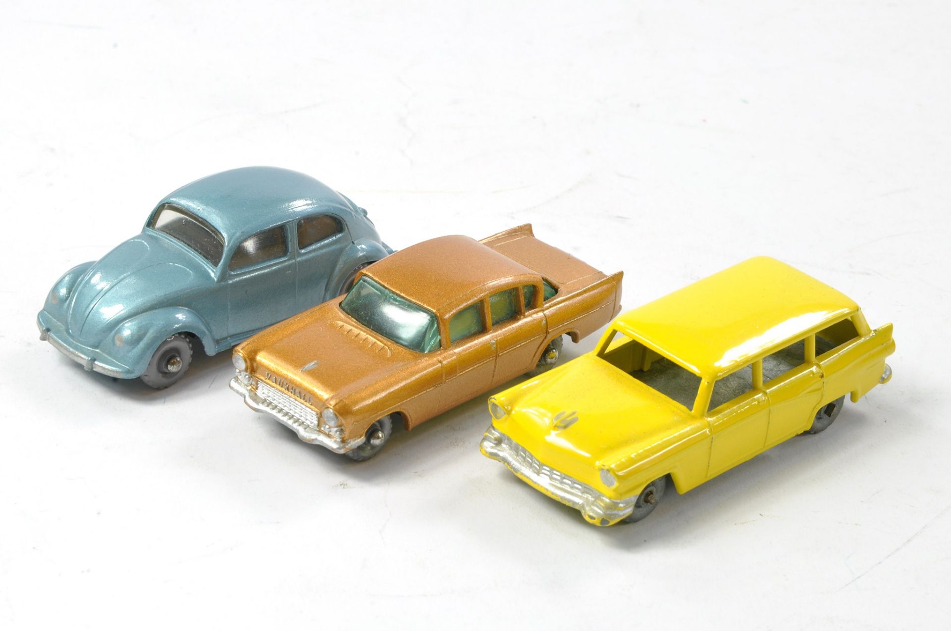 Matchbox Regular Wheels Trio comprising Ford Station Wagon, VW Beetle and Vauxhall Cresta. All