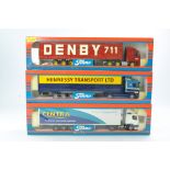 Tekno 1/50 Model Truck issues comprising 1) DAF Curtainside in the livery of Denby, 2) Scania